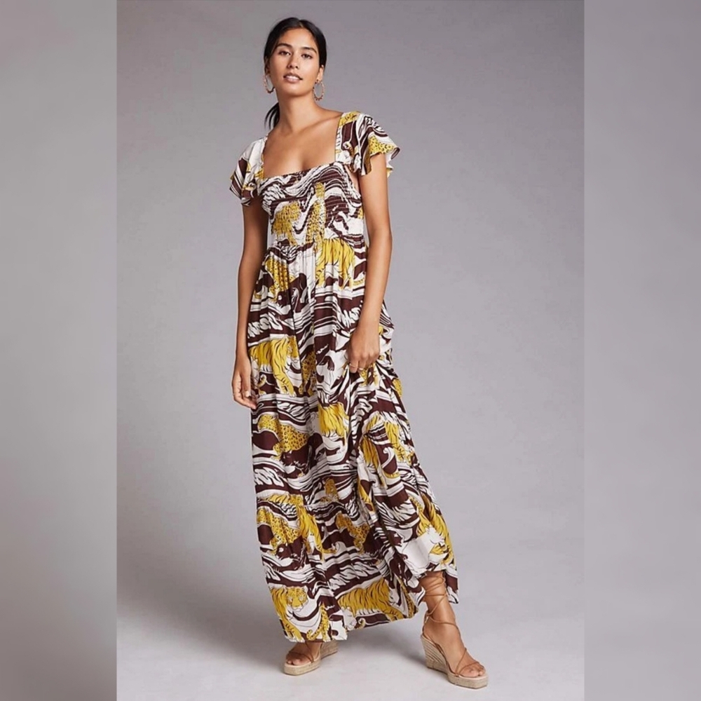 By Anthropologie Ruffle Strap Maxi Dress Brown Motif Women's Size XL Petite